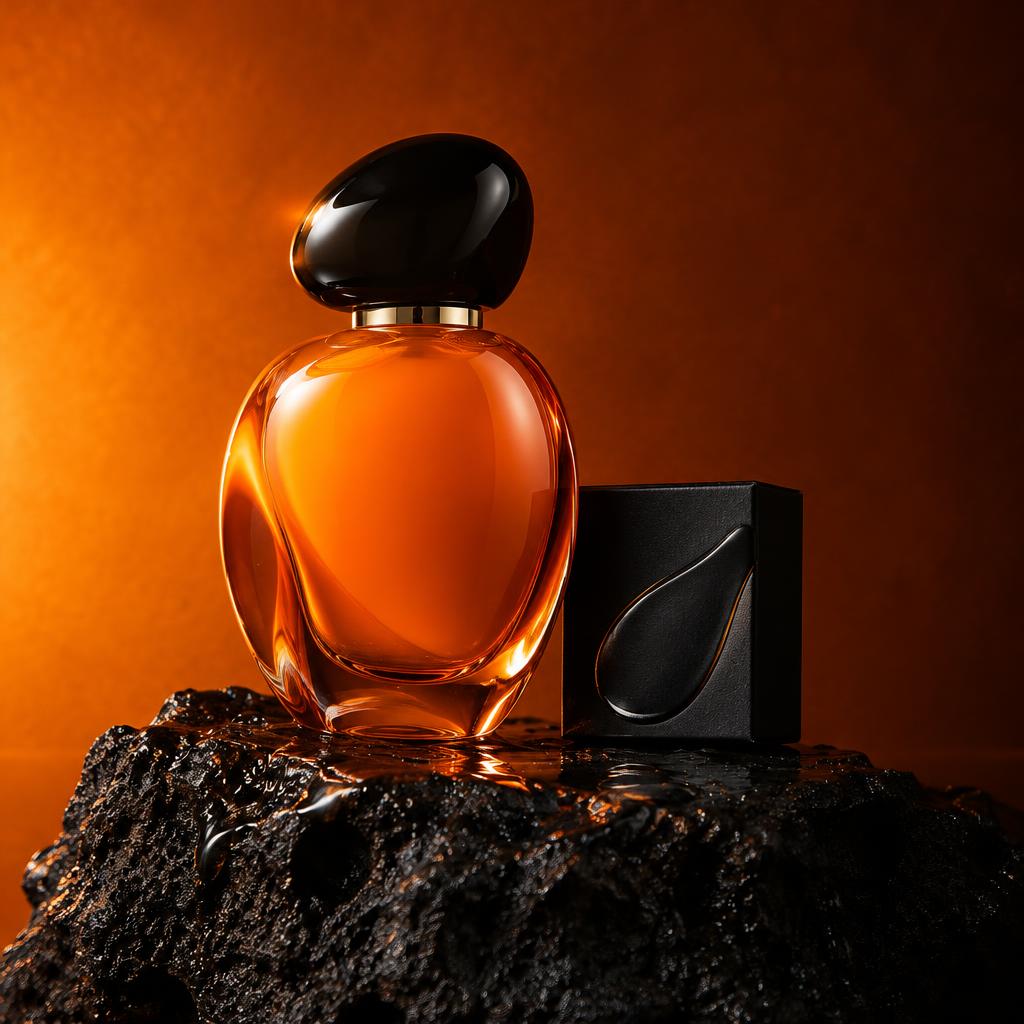 Orange fragrance bottle on a dark stone pedestal