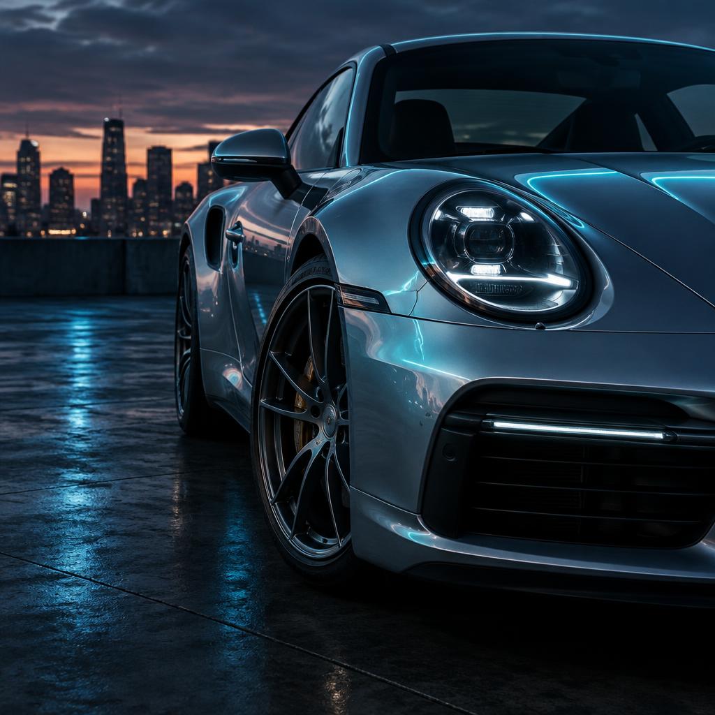 Silver performance car with cinematic cyan lighting